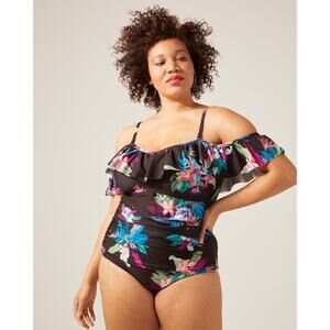 City Chic Size S 16 Swimsuit Elba One Piece‎ Off The Shoulder Tropical Print NEW